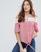 Qed London Cold Shoulder Lace Trim Gingham Tie Front Top - Red