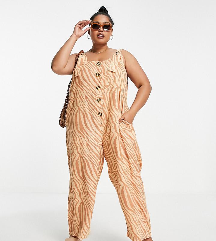 Asos Design Curve Linen Button Strap Jumpsuit In Animal Print-multi