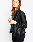 Asos Leather Look Biker Jacket With Pep Hem And Belt