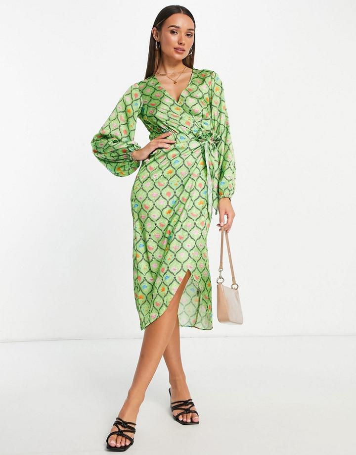 Asos Design Satin Wrap Maxi Dress In Green Geo Print-multi