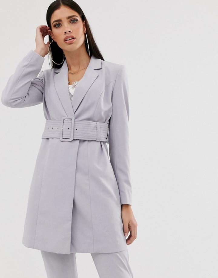 Parallel Lines Longline Tailored Blazer Coord With Belt In Soft Gray-blue