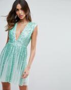 Asos Salon Mint Sequin Paneled Fit And Flare Mini Dress - Green