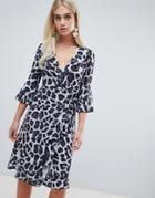 Outrageous Fortune Ruffle Wrap Midi Dress With Fluted Sleeve In Mono Leopard-multi