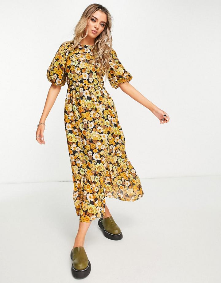 Topshop 70's Floral Puff Sleeve Midi Dress In Multi