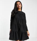 Asos Design Petite Cotton Poplin Tiered Long Sleeve Mini Smock Dress In Black