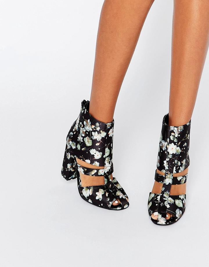 Lost Ink Denny Floral Cut Out Heeled Ankle Boots - Multi