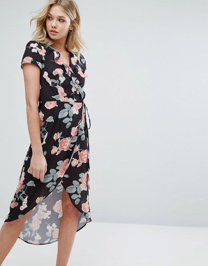 Oh My Love Wrap Dress With Frill Wrap And High Low Hem - Multi