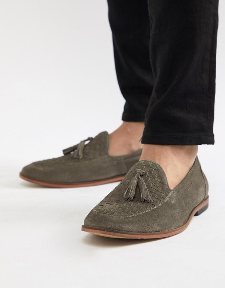 Asos Design Loafers In Gray Suede With Woven Detail - Gray