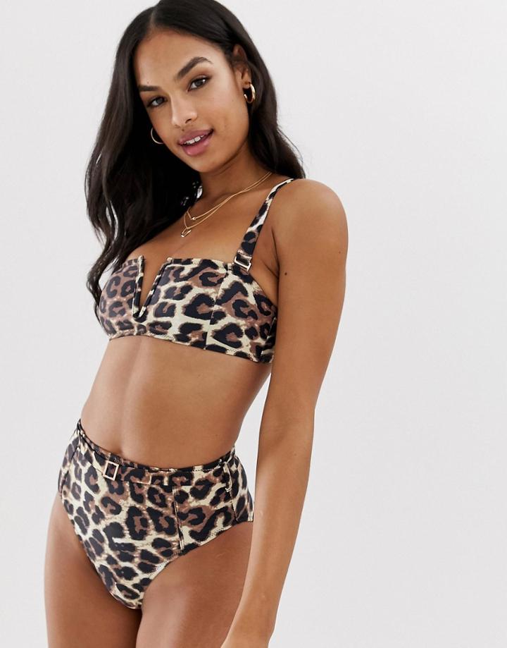 Miss Selfridge Exclusive Bikini Top With V Wire In Leopard Print - Beige