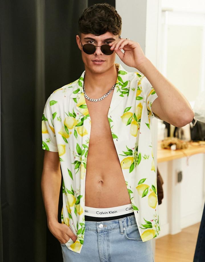 Another Influence Short Sleeve Lemon Print Shirt In White & Yellow