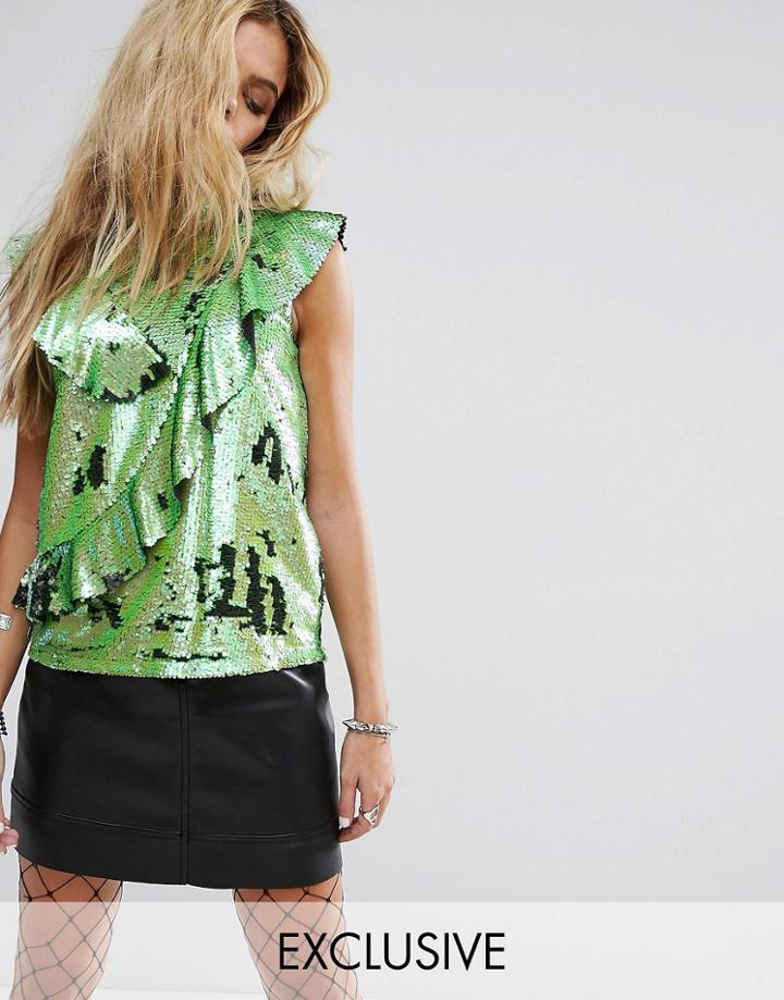 Mad But Magic High Neck Top With Ruffles In Sequin - Yellow