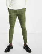 Asos Design Super Skinny Wool Mix Smart Pants In Rifle Green Window Check