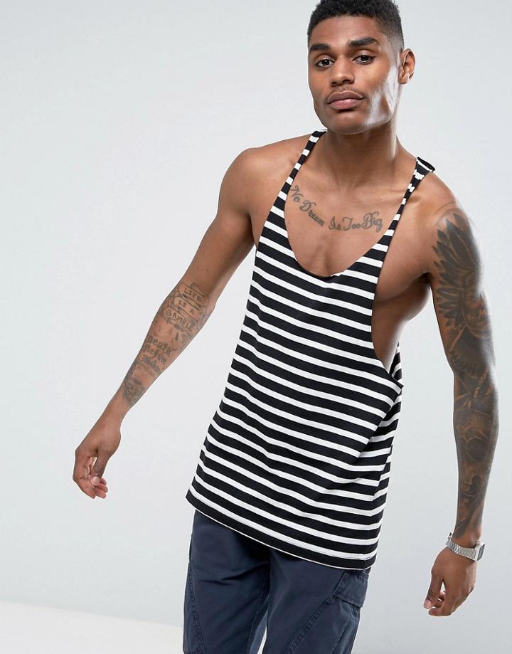 Asos Stripe Tank With Extreme Racer Back And Raw Edge - Black