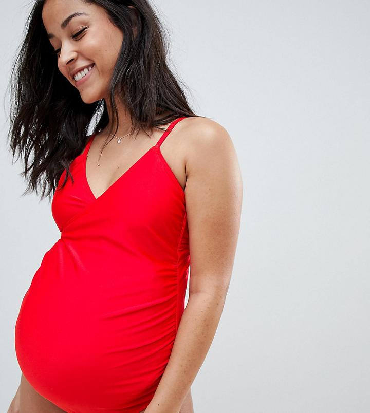 Wolf & Whistle Maternity Wrap Swimsuit In Red B-f Cup