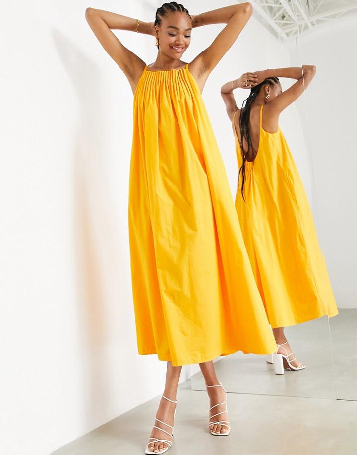 Asos Edition Cotton Trapeze Maxi Dress With Pleat Neck In Orange