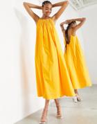 Asos Edition Cotton Trapeze Maxi Dress With Pleat Neck In Orange