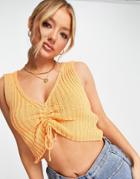 Asos Design Knitted Cami With Ruched Front Detail In Peach-blue