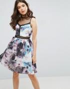 Little Mistress Printed Prom Dress With Lace Trim - Multi