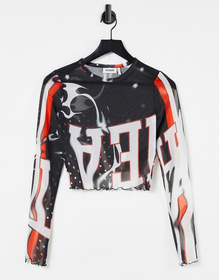 Weekday Sena Mesh Long Sleeve Top In Varsity Black Print-multi