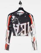 Weekday Sena Mesh Long Sleeve Top In Varsity Black Print-multi