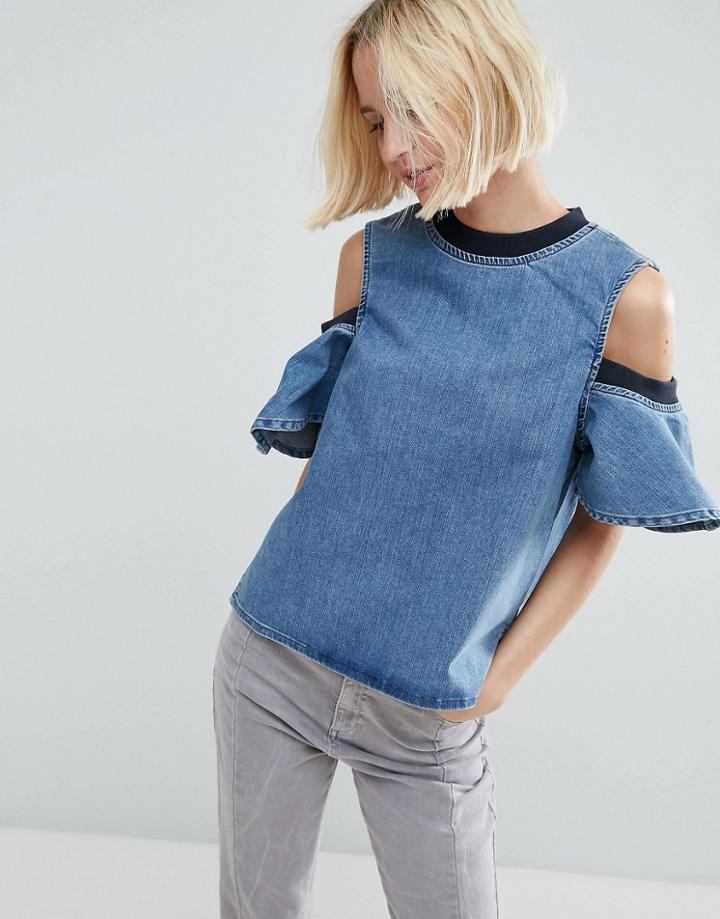 Asos Denim Poppy Top With Rib Detail - Blue