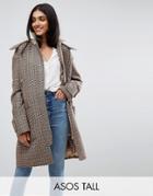 Asos Tall Hooded Check Coat With Rib Funnel Neck - Multi