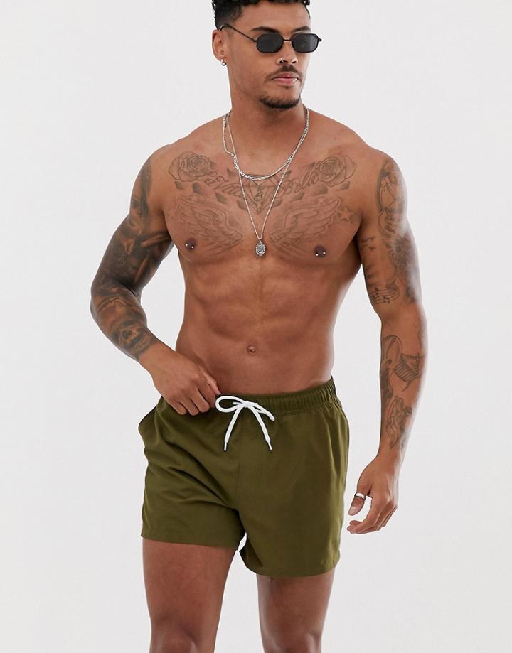 Asos Design Swim Shorts In Khaki Short Length - Green