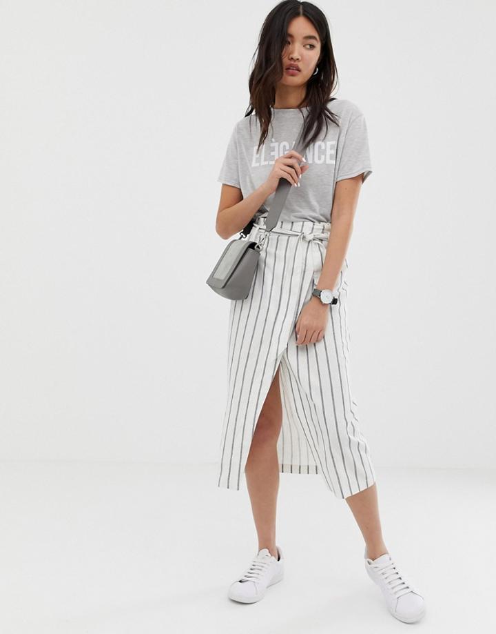 Asos Design Linen Column Midi Skirt With Paperbag Waist In Stripe-multi