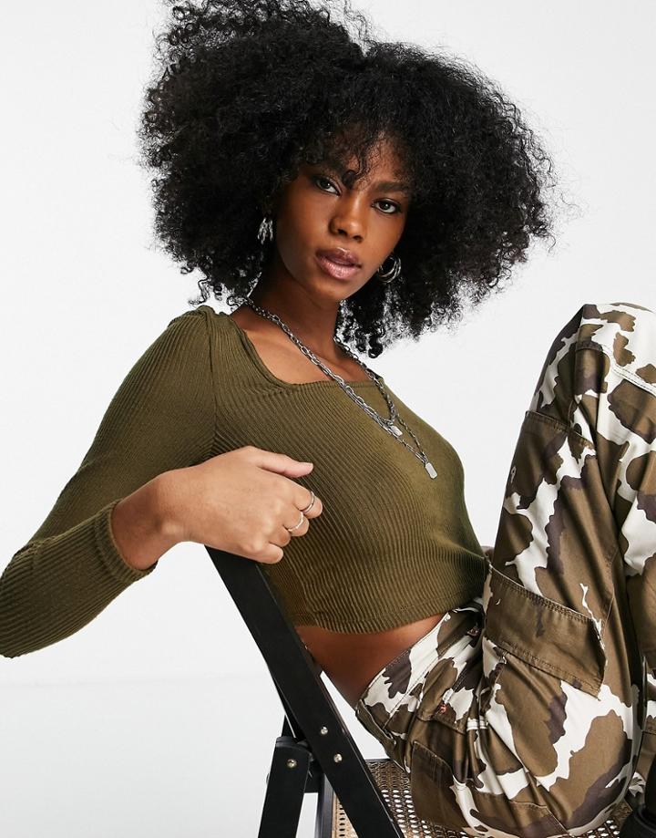 Vero Moda Square Neck Cropped Top In Khaki-green