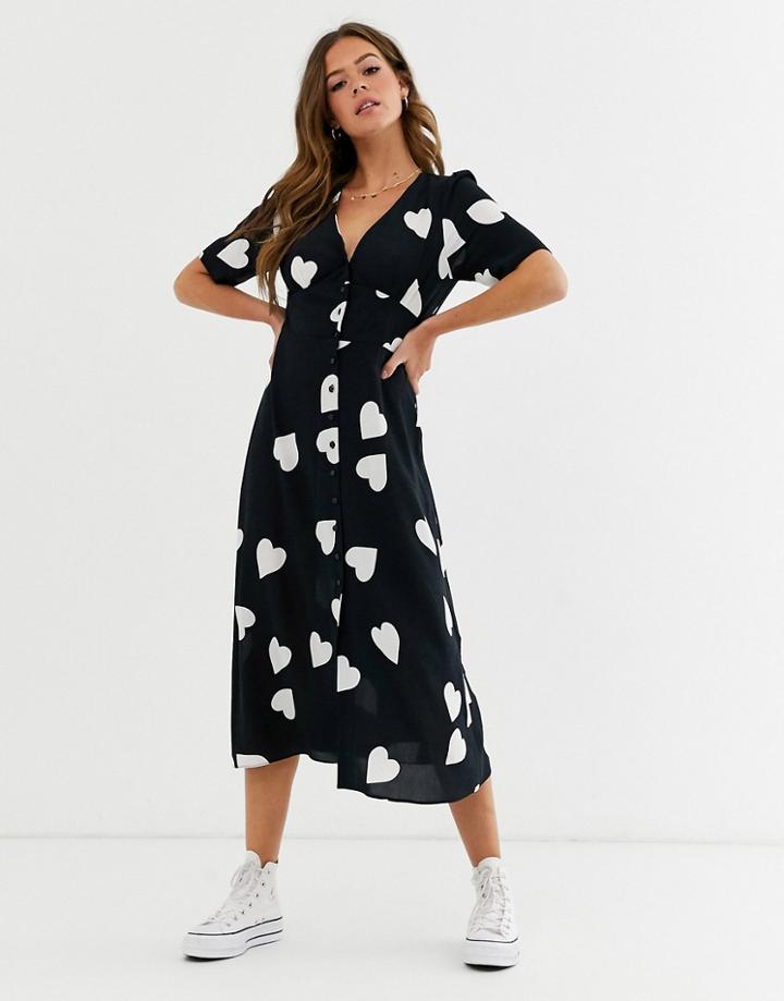 Nobody's Child Button Through Midaxi Tea Dress In Scatter Heart Print