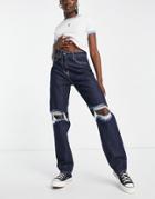Rebellious Fashion Mid Wash Denim Distressed Knee Extra Long Jeans In Indigo-navy