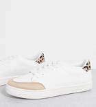 London Rebel Wide Fit Minimal Lace Up Sneakers In White With Leopard-multi