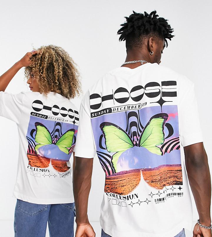 Collusion Unisex T-shirt With Butterfly Print In White
