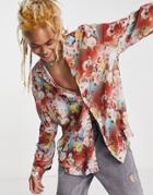 Asos Design Relaxed Deep Revere Sheer Floral Shirt-multi