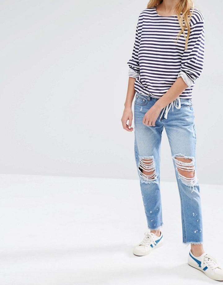 Daisy Street Distressed Boyfriend Jeans With Raw Hem - Mid Wash