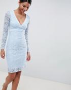 City Goddess Long Sleeve V Neck Open Back Pencil Dress With Bow Back - Blue