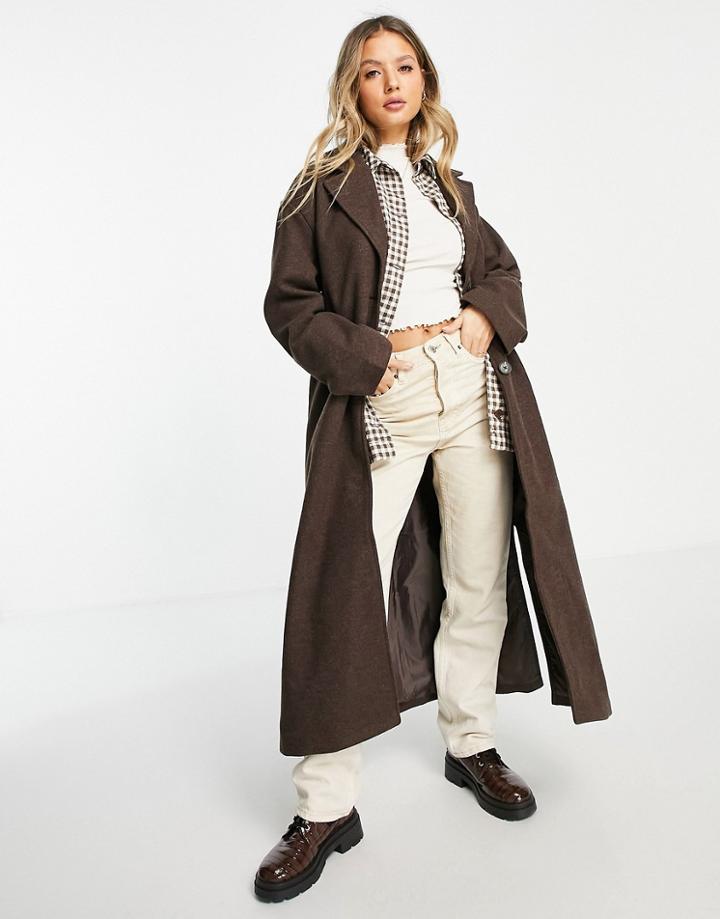 Monki Belted Oversized Coat In Brown Melange