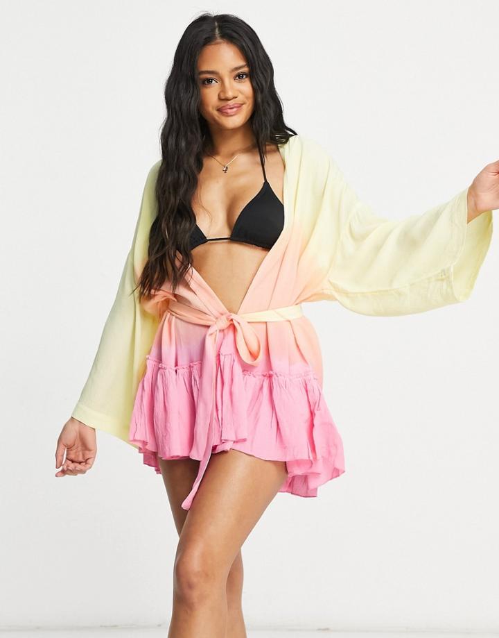 Asos Design Beach Kimono In Yellow Multi Ombre