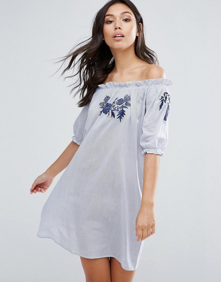 Influence Embroidered Cotton Bardot Dress - Blue