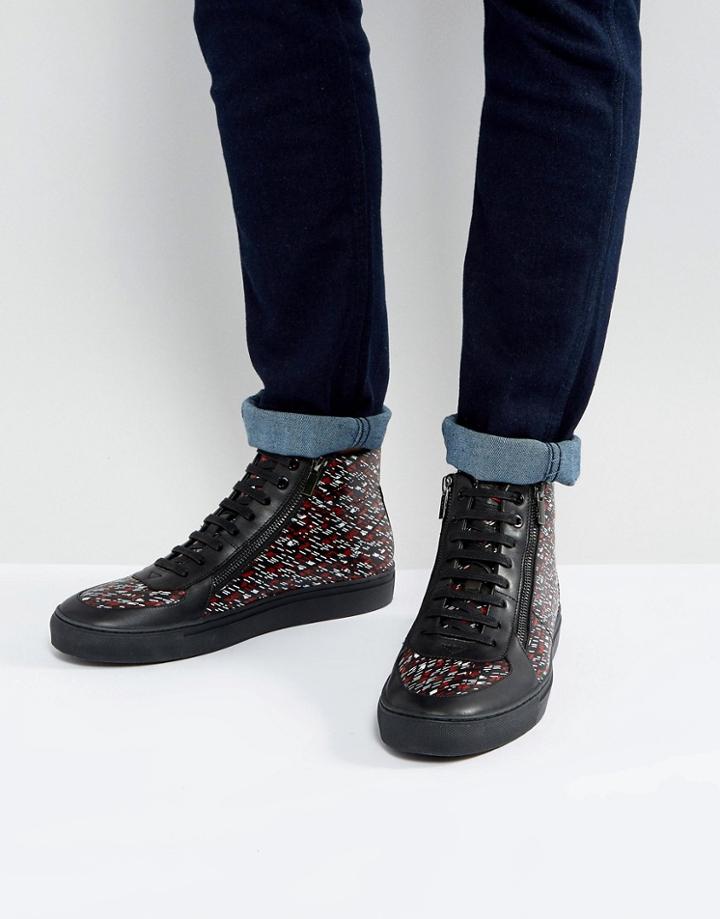 Hugo By Hugo Boss Embossed Leather Zip And Lace High Top Graphic Print Sneakers Black - Black