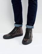Hugo By Hugo Boss Embossed Leather Zip And Lace High Top Graphic Print Sneakers Black - Black
