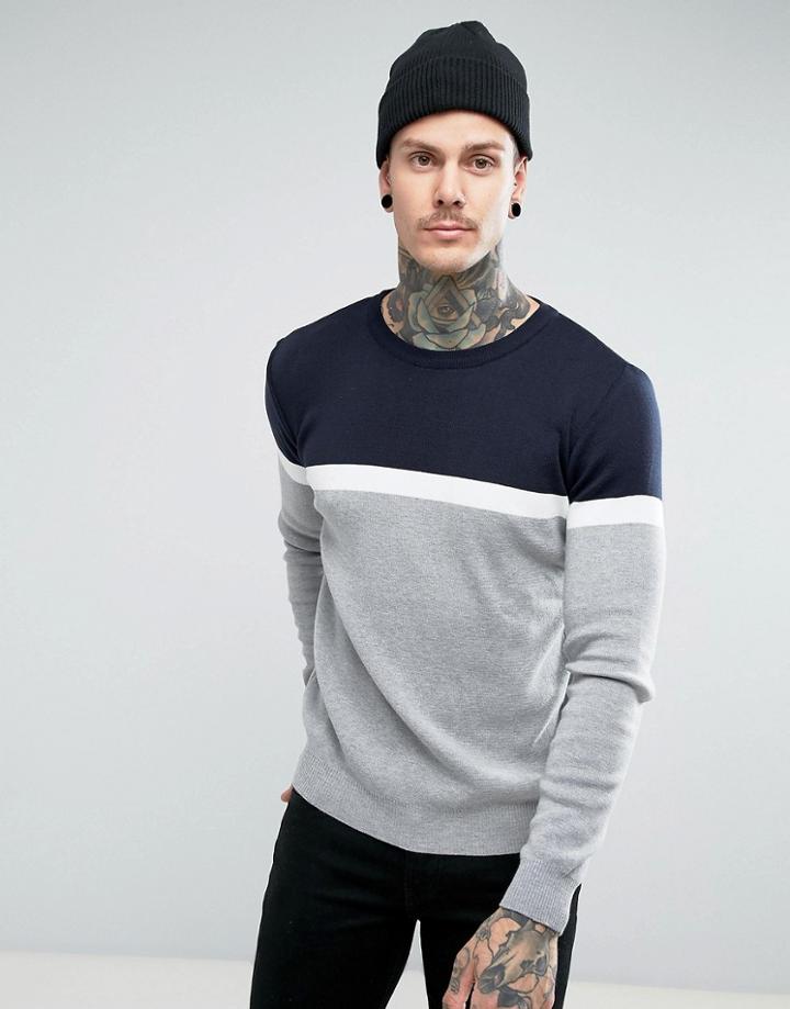 Pull & Bear Sweater With Color Block Stripe In Navy And Gray - Gray