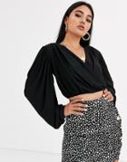 River Island Draped Wrap Cropped Top In Black