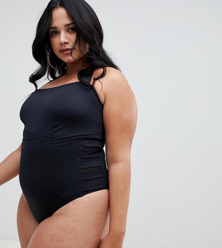 Asos Design Curve Mesh Insert Lattice Supportive Swimsuit In Black - Black