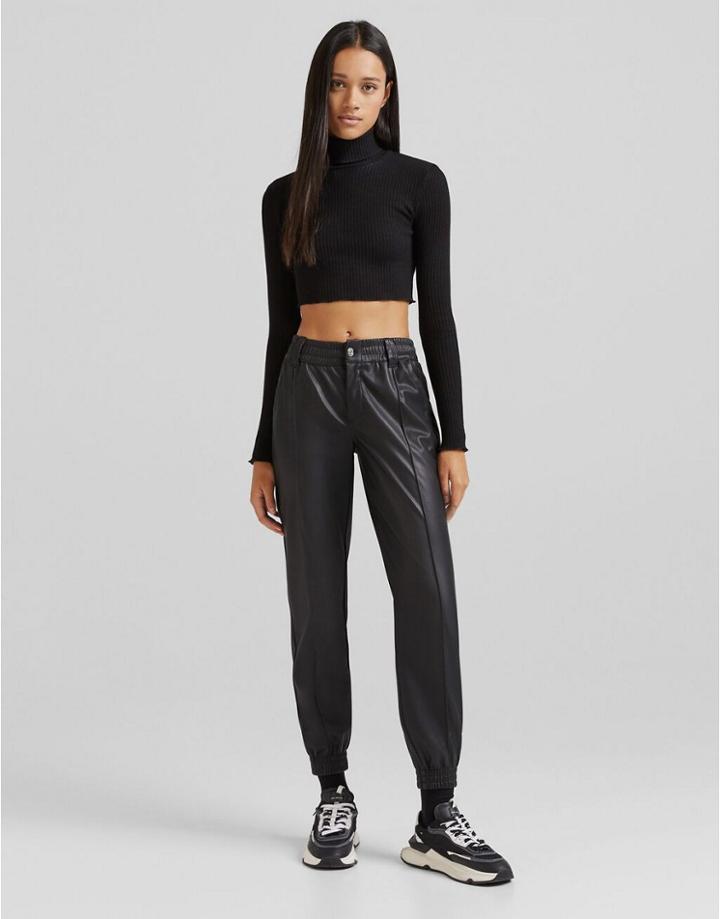 Bershka Faux Leather Jogger In Black