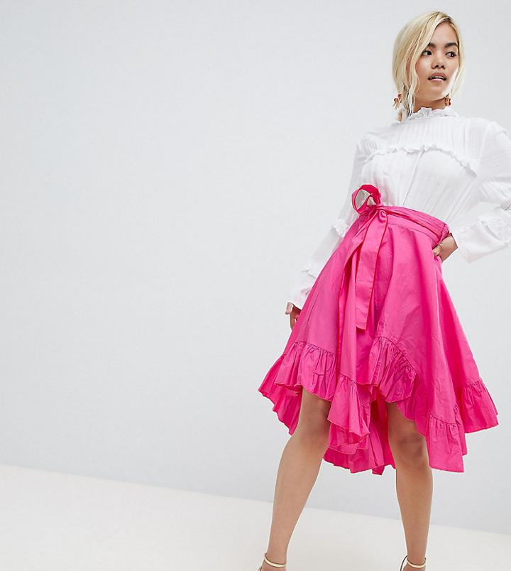 Lost Ink Petite Asymmetric Midi Skirt With Tie Waist - Pink