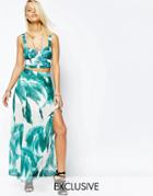 Religion Maxi Skirt With Front Splits In All Over Tropical Leaf Print - White And Green
