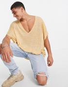 Asos Design Oversized Longline T-shirt With Deep V In Rib Fabric In Mustard-yellow
