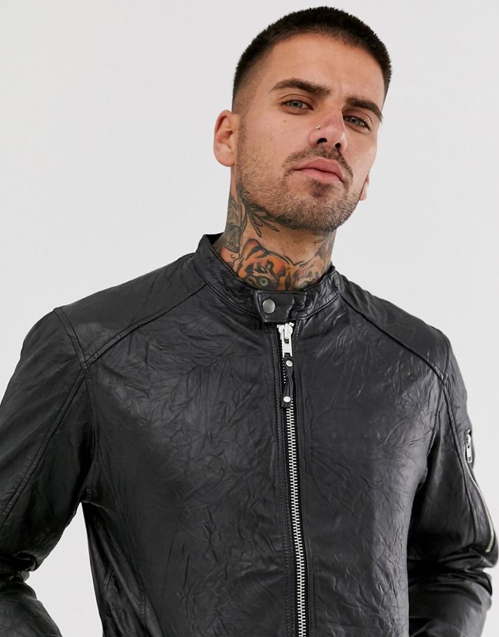 Jack & Jones Leather Biker Jacket In Black