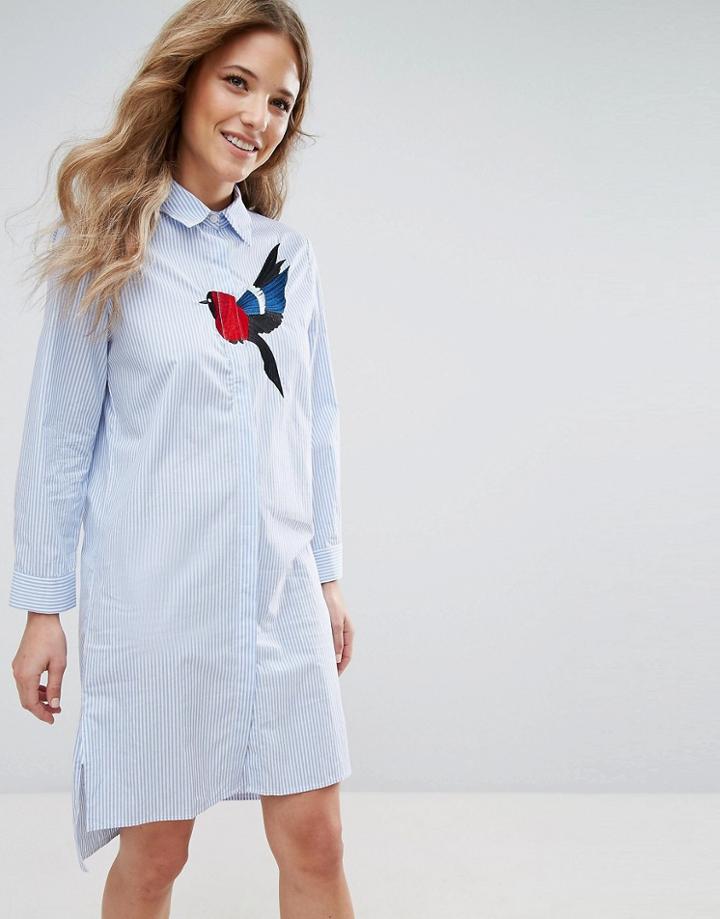 Liquorish Shirt Dress With Bird Embroidery - Blue